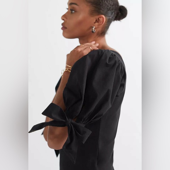 Maeve Anthropologie Blouse Women’s XL Black Puff Sleeved Ribbed Tie Short Sleeve - Picture 2 of 10